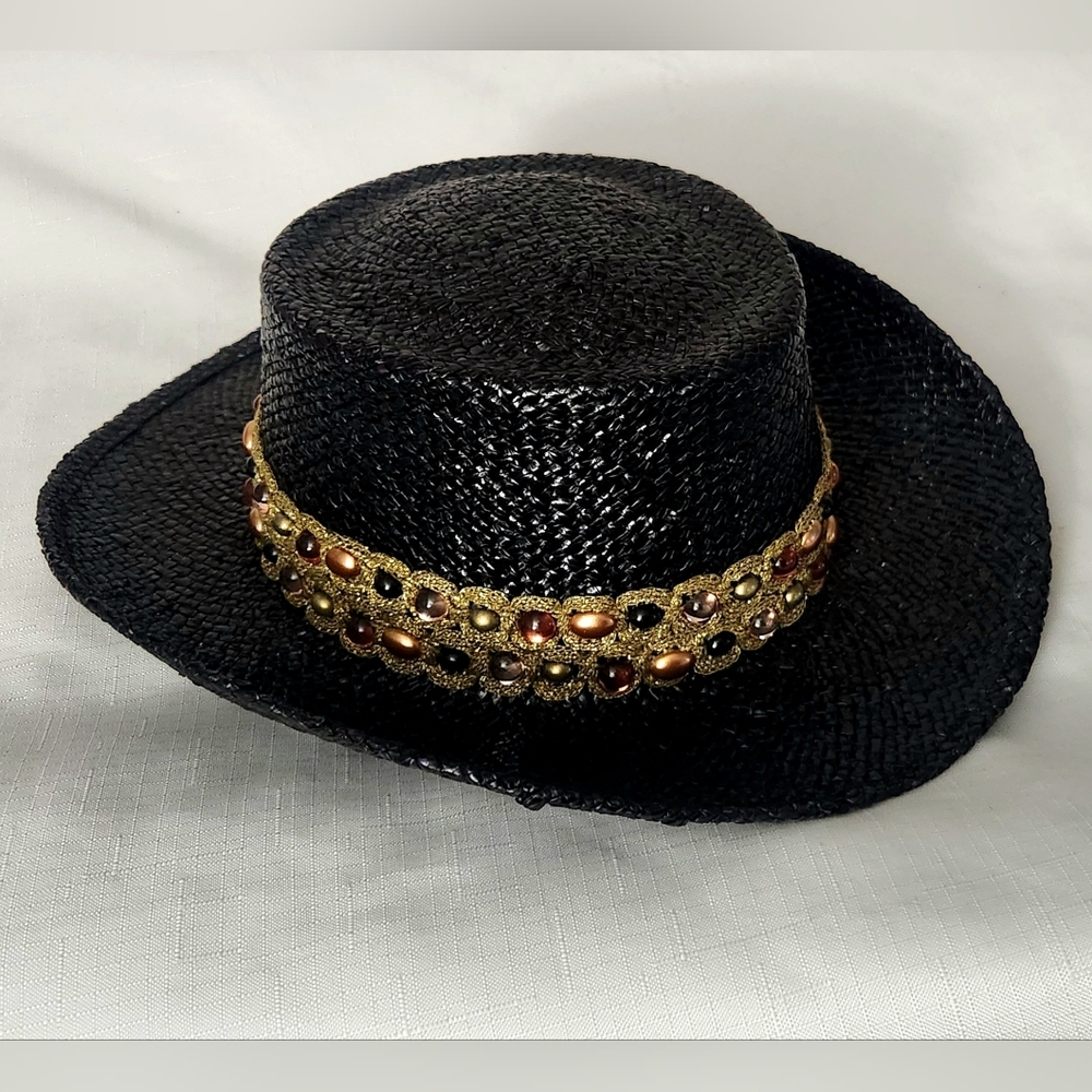 Eric Javits Vintage Black Straw Hat Rolled Edge Gemstone Band Rare